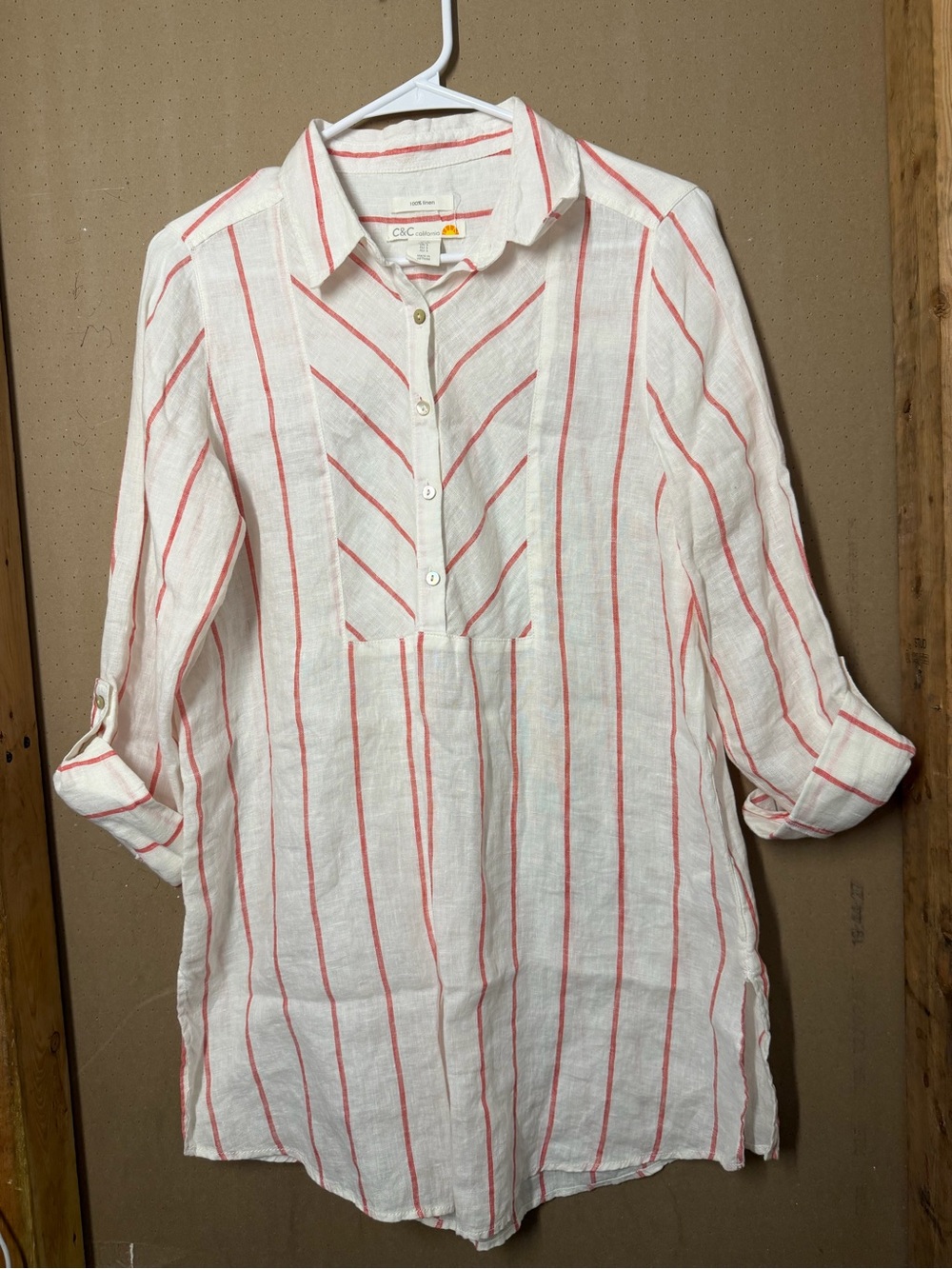 C&C California White Linen Shirt with Coral-Red Stripes